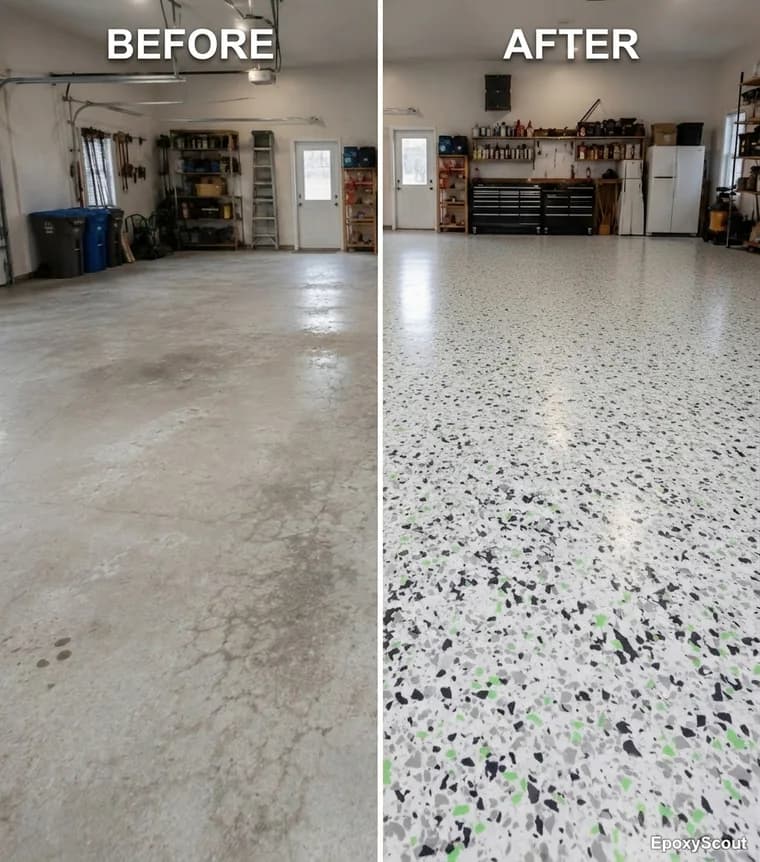 A Phoenix garage floor before and after an epoxy flake coating — bare gray concrete transformed into a finished speckled floor